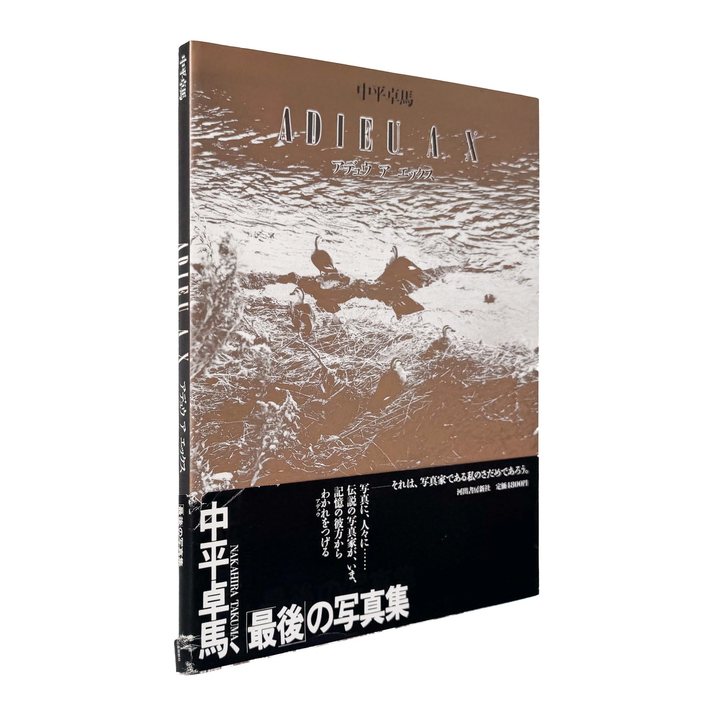 中平卓馬『ADIEU A X』。病後に再び続けた撮影によるモノクロ作品と自身のテキストを収録した、1989年河出書房新社刊の初版写真集。