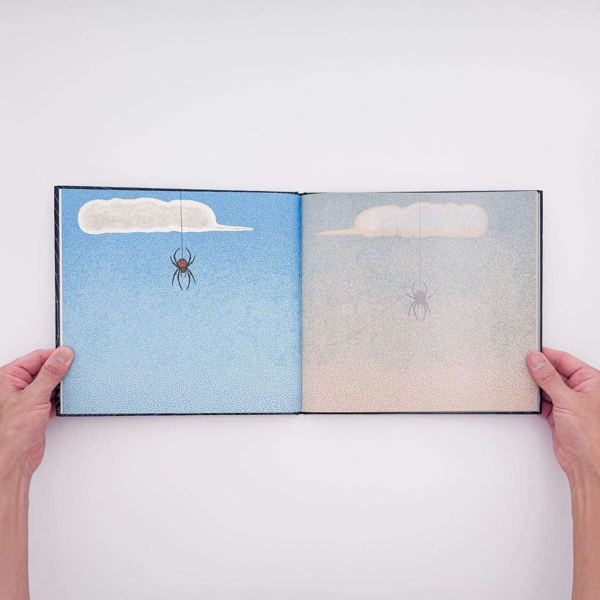 新宮晋『くも / Spider』。オニグモの習性と時間の流れをトレーシングペーパーで表現した、文化出版局1979年刊の絵本。