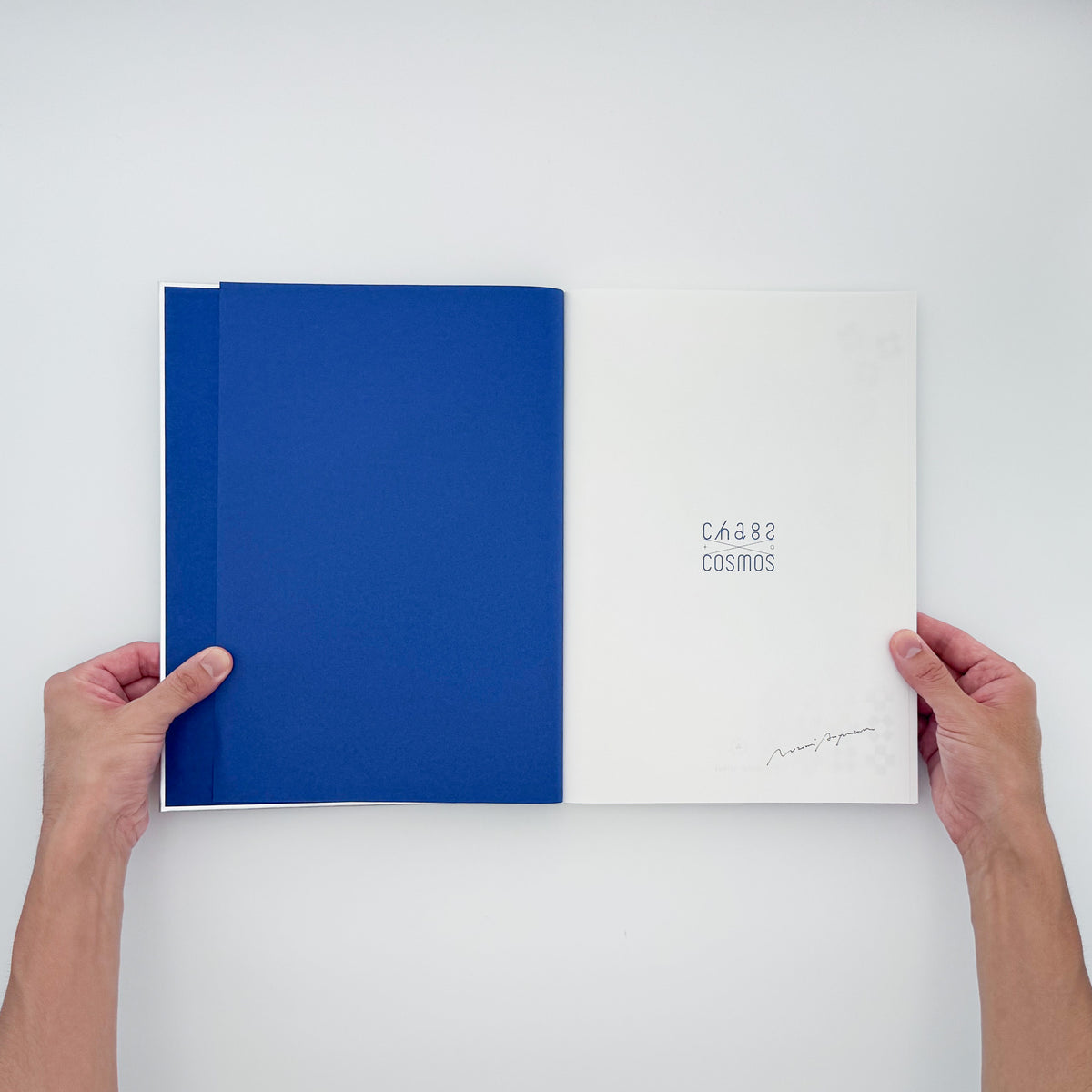 青山希望『Chaos to Cosmos 混沌から秩序へ』サイン入り。混沌と秩序を左右のページで対比し、形体、色、身近な素材を用いて構成した2026年刊のコデックス装アートブック。