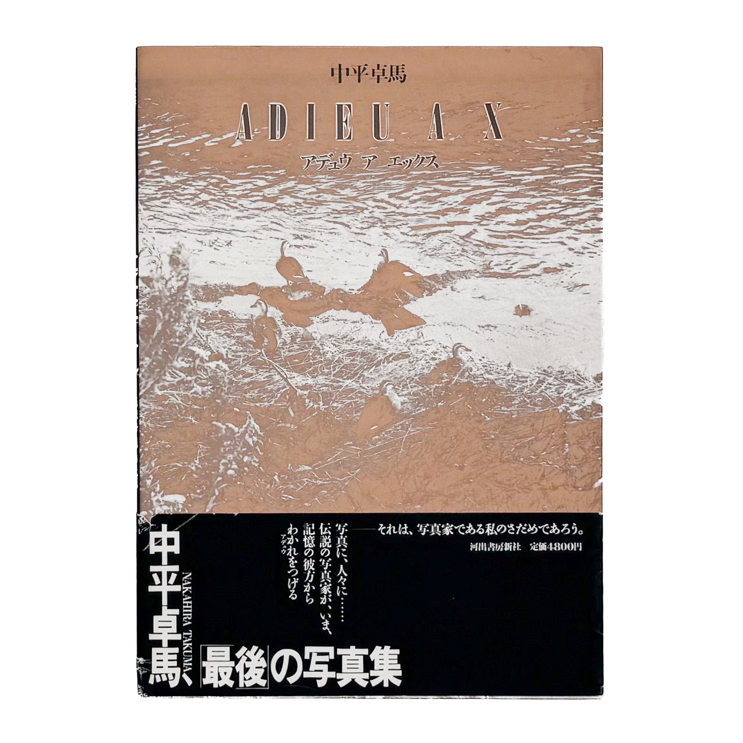 中平卓馬『ADIEU A X』。病後に再び続けた撮影によるモノクロ作品と自身のテキストを収録した、1989年河出書房新社刊の初版写真集。