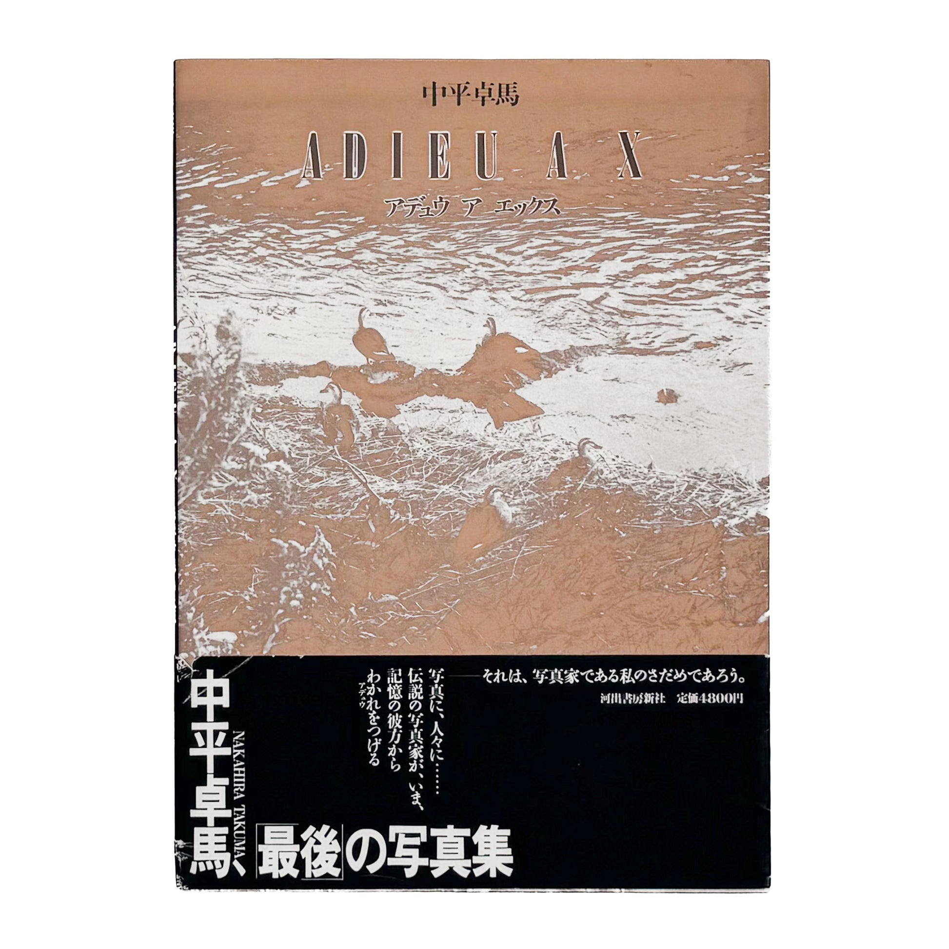 中平卓馬『ADIEU A X』。病後に再び続けた撮影によるモノクロ作品と自身のテキストを収録した、1989年河出書房新社刊の初版写真集。